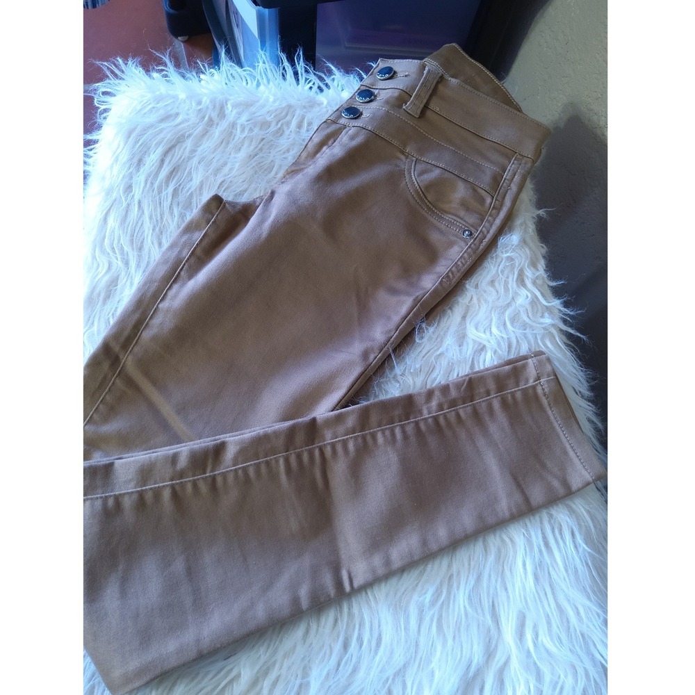Tan High Waisted Skinny Pants Three Button Fly Khaki Trousers